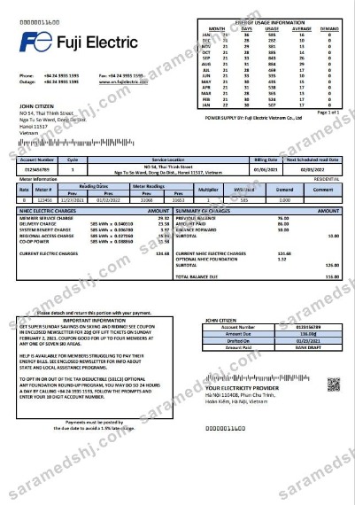 Vietnam Fuji Electric Vietnam Co. utility bill template in Word format
